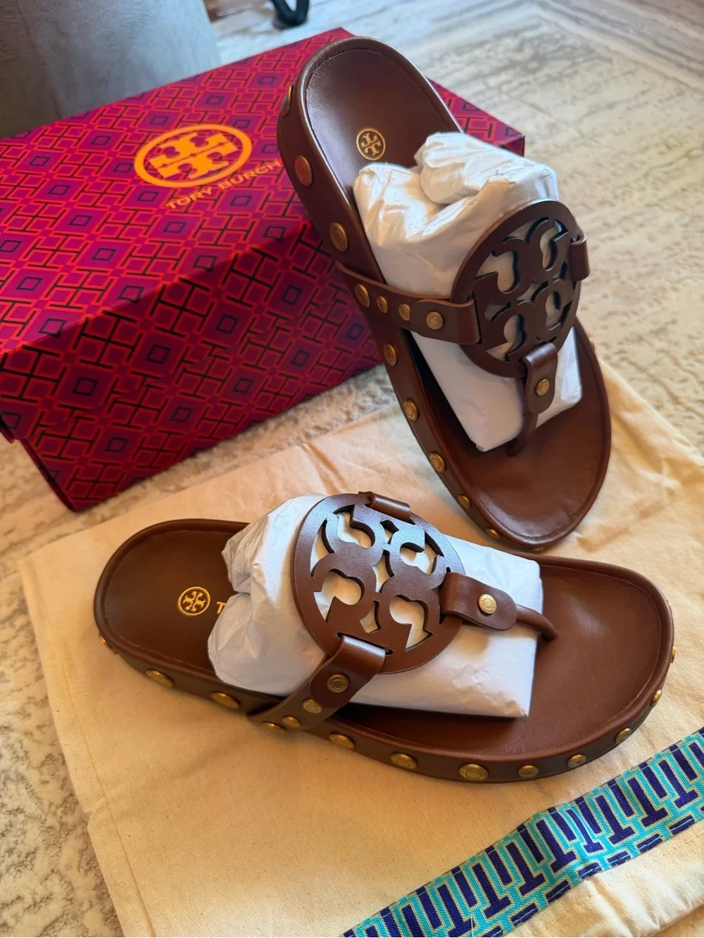 Tory Burch Miller Cloud Brown Leather Logo Studded Slide Sandals